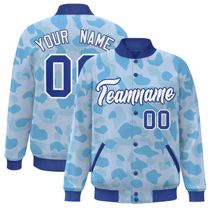 Custom Royal White Camo Varsity Full-Snap Letterman Bomber Jacket