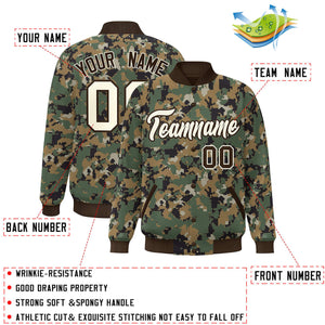 Custom Brown Cream Camo Varsity Full-Snap Letterman Bomber Jacket