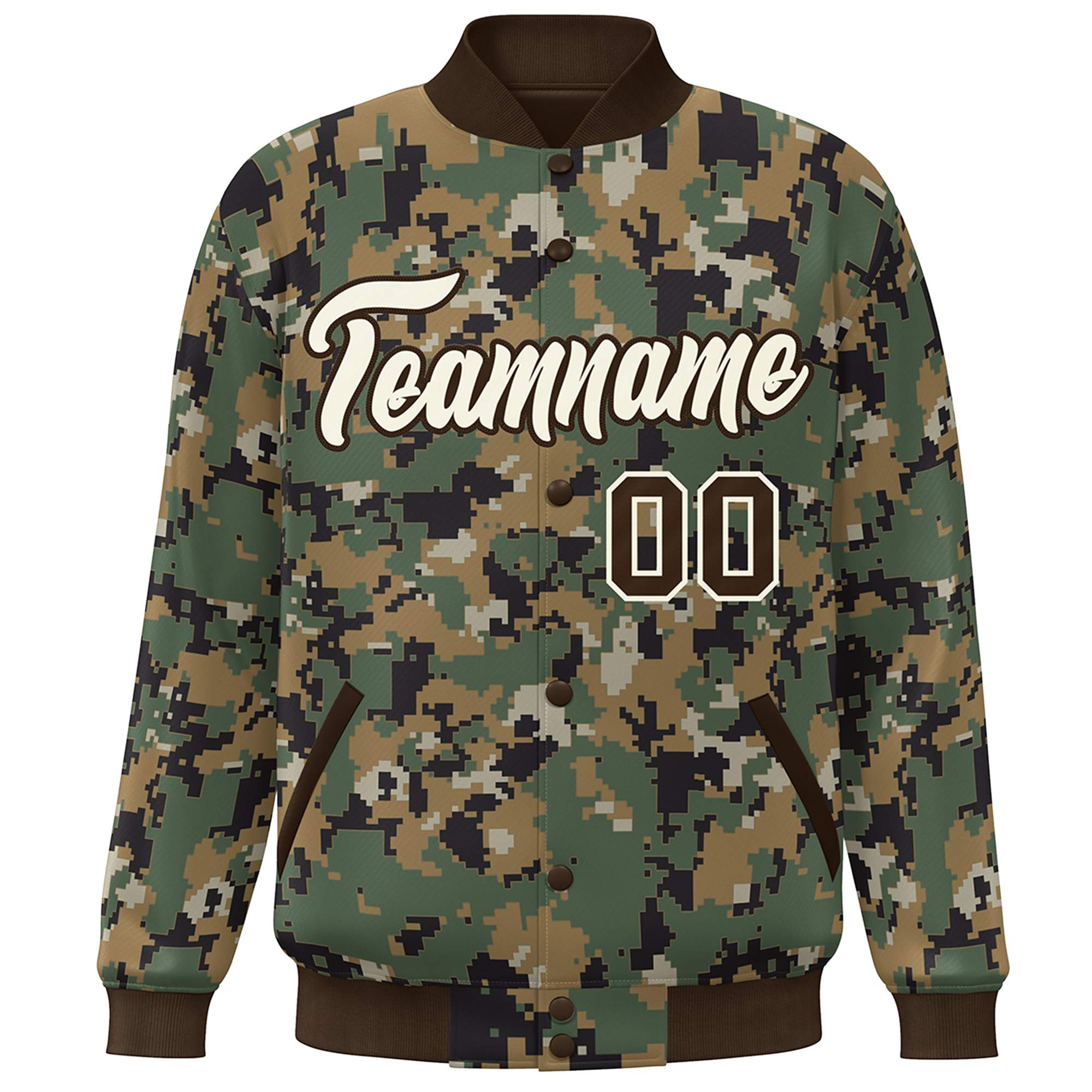 Blouson aviateur Letterman à bouton-pression Varsity Camo crème marron personnalisé