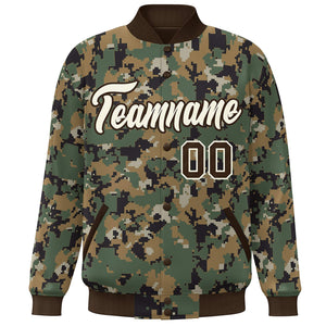 Custom Brown Cream Camo Varsity Full-Snap Letterman Bomber Jacket