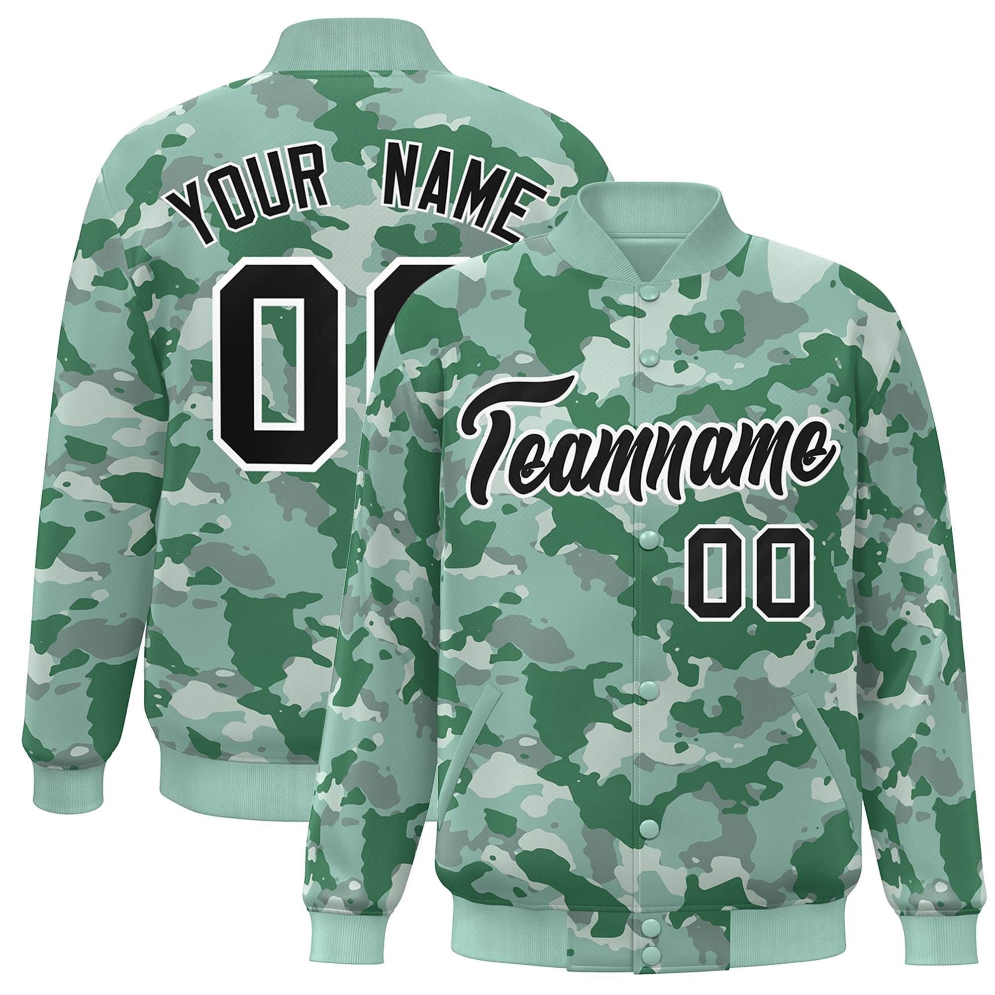 Blouson aviateur Letterman personnalisé vert noir-blanc camouflage Varsity Full-Snap