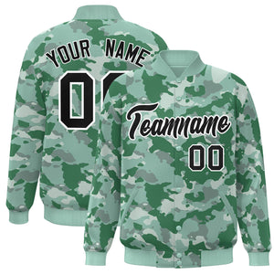 Custom Green Black-White Camo Varsity Full-Snap Letterman Bomber Jacket