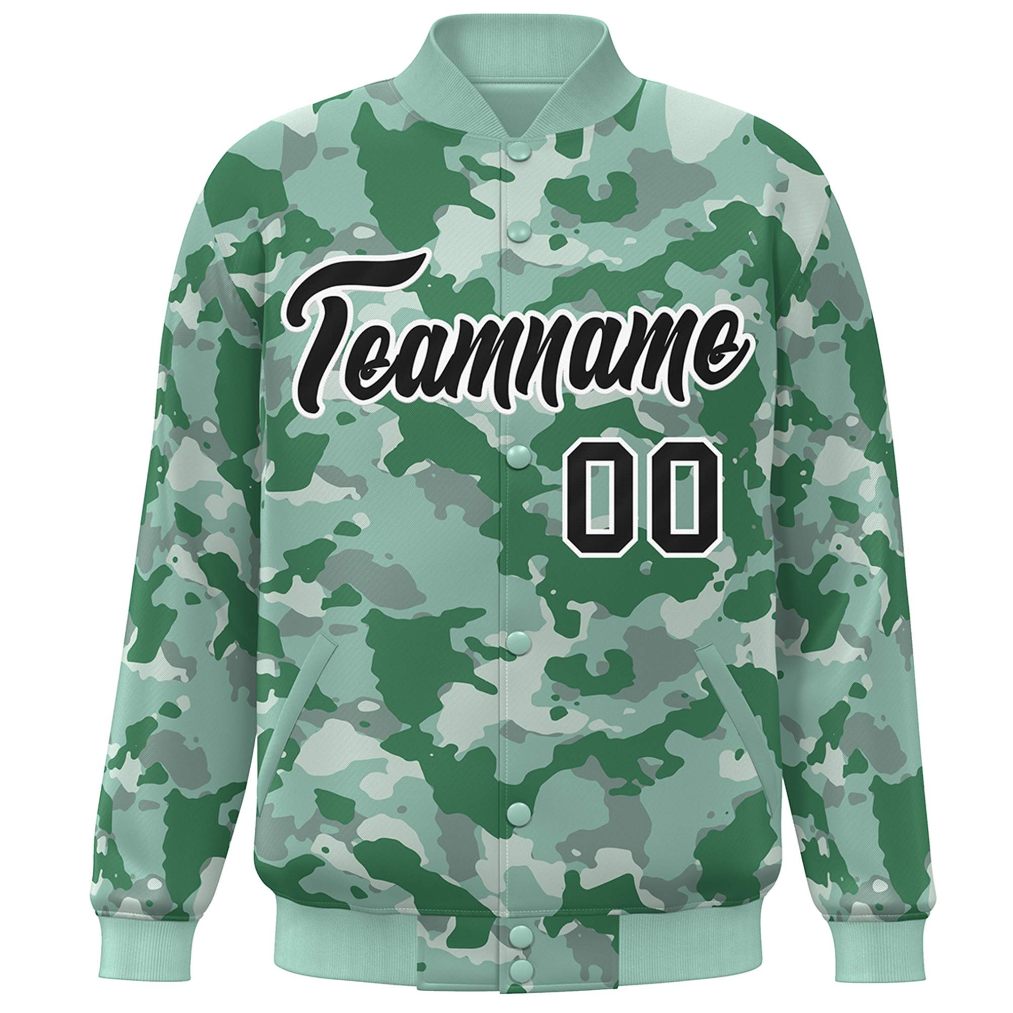 Blouson aviateur Letterman personnalisé vert noir-blanc camouflage Varsity Full-Snap