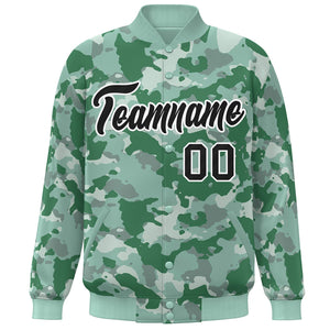 Custom Green Black-White Camo Varsity Full-Snap Letterman Bomber Jacket