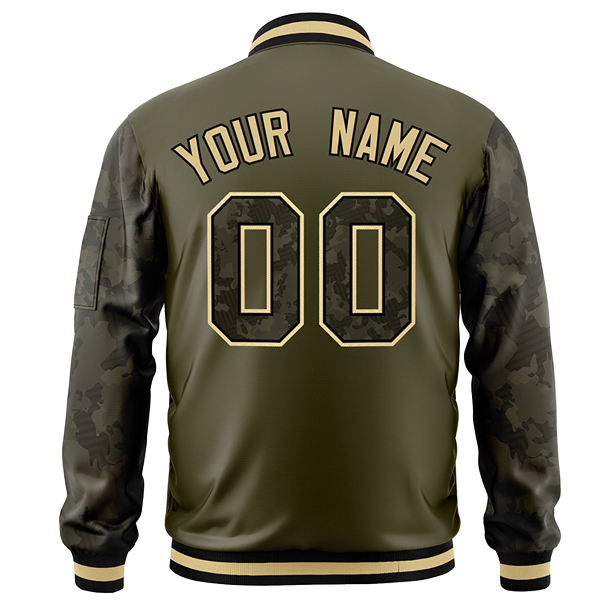 Custom Olive Varsity Full-Zip Camo Raglan Sleeves Letterman Bomber Jacket