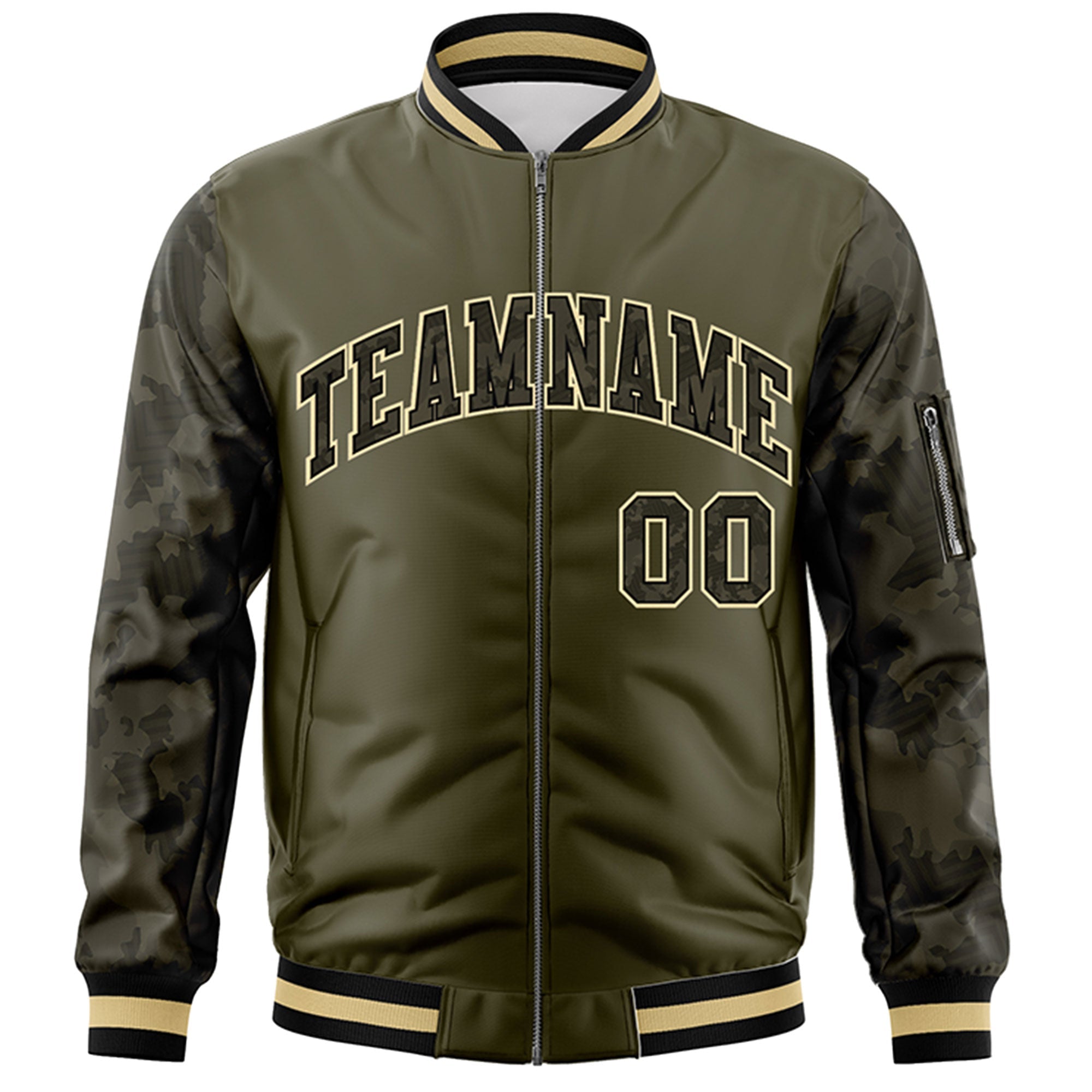 Custom Olive Varsity Full-Zip Camo Raglan Sleeves Letterman Bomber Jacket