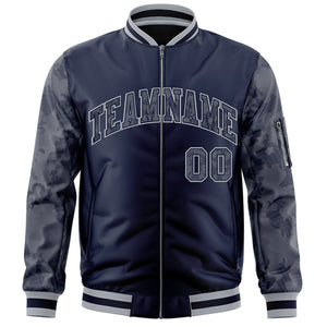 Custom Navy Varsity Full-Zip Camo Raglan Sleeves Letterman Bomber Jacket