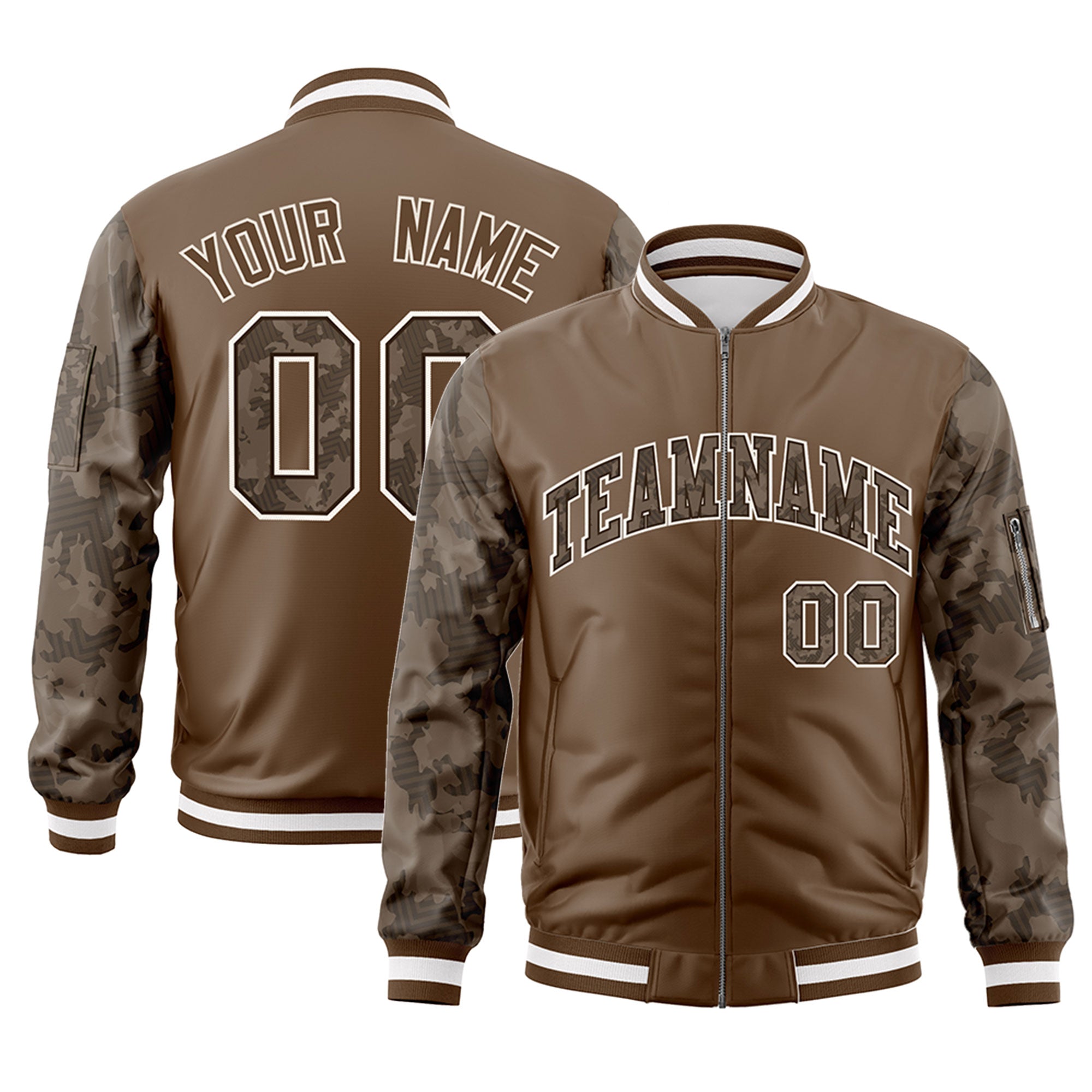 Custom Brown Varsity Full-Zip Camo Raglan Sleeves Letterman Bomber Jacket