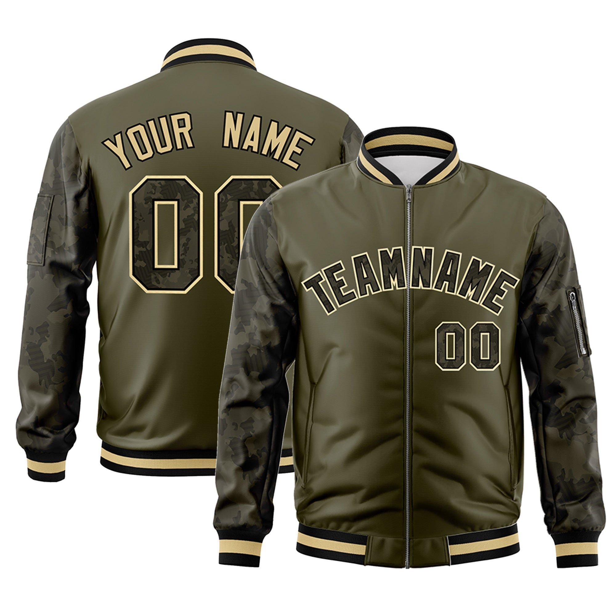 Custom Olive Varsity Full-Zip Camo Raglan Sleeves Letterman Bomber Jacket