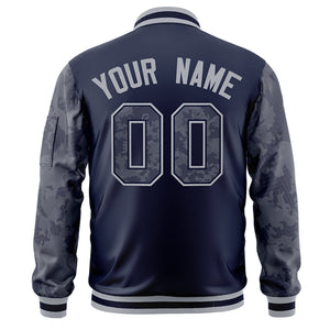 Custom Navy Varsity Full-Zip Camo Raglan Sleeves Letterman Bomber Jacket