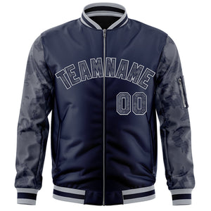 Custom Navy Varsity Full-Zip Camo Raglan Sleeves Letterman Bomber Jacket