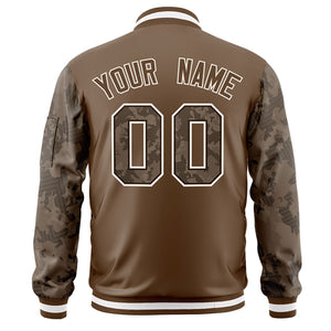 Custom Brown Varsity Full-Zip Camo Raglan Sleeves Letterman Bomber Jacket