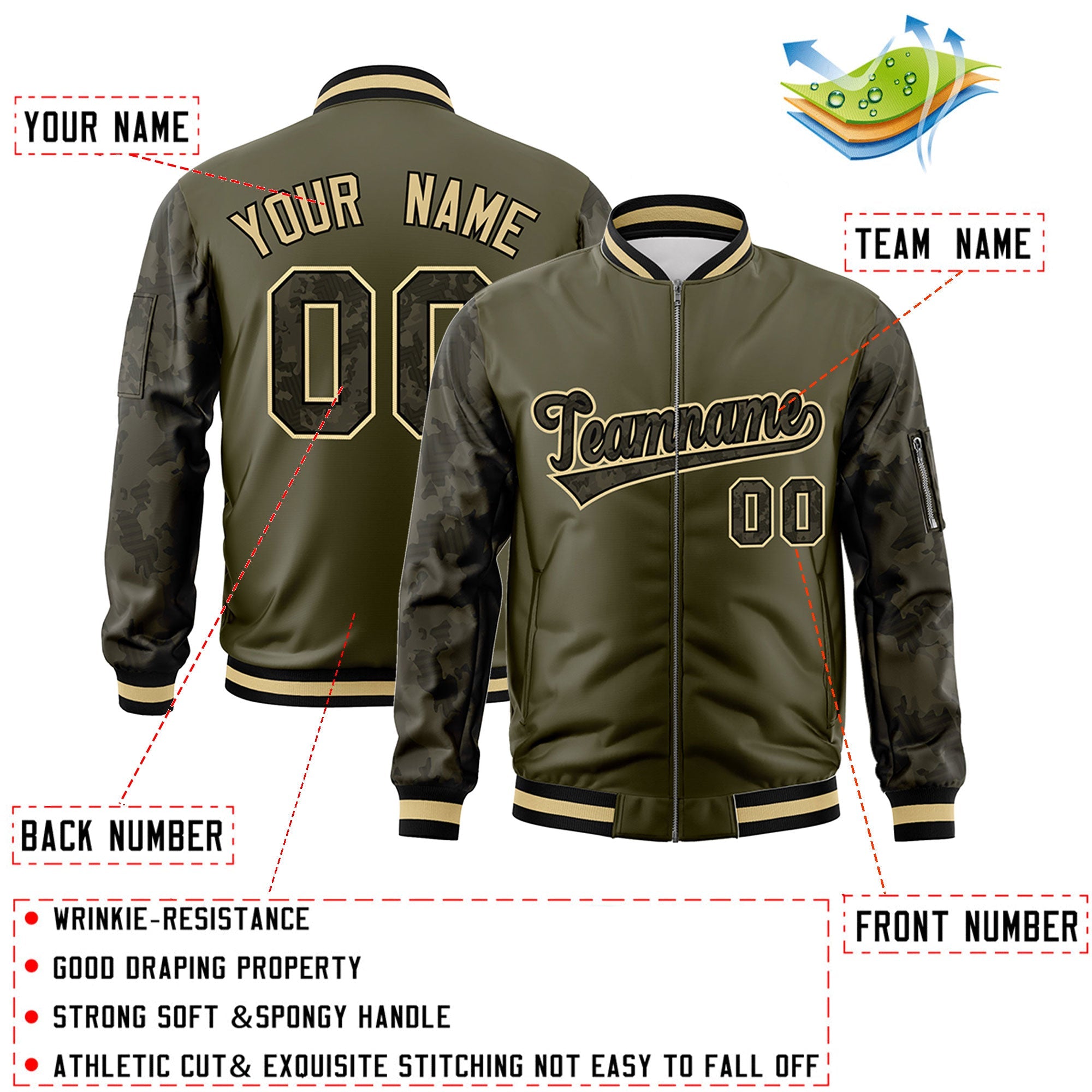 Custom Olive Varsity Full-Zip Camo Raglan Sleeves Letterman Bomber Jacket