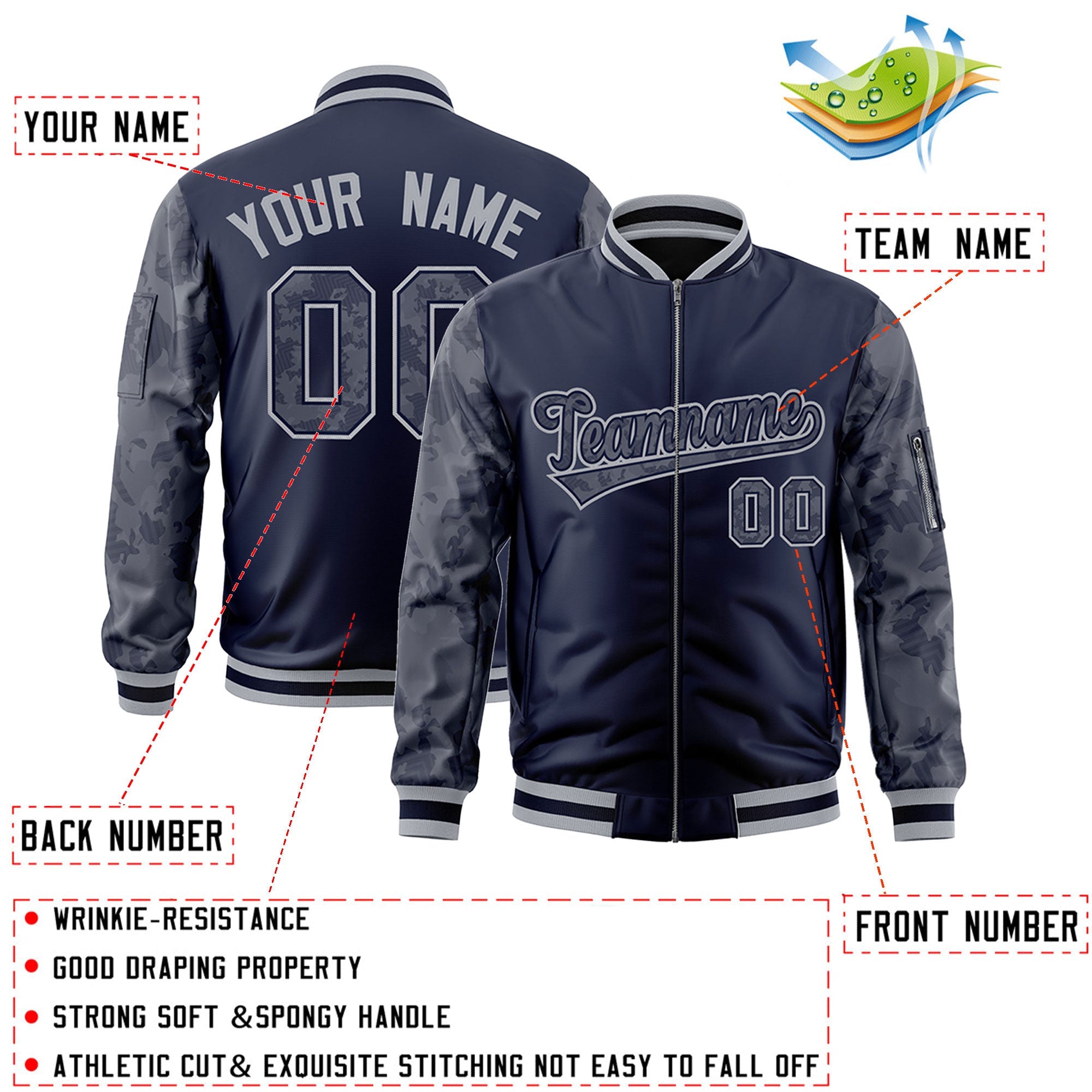 Custom Navy Varsity Full-Zip Camo Raglan Sleeves Letterman Bomber Jacket