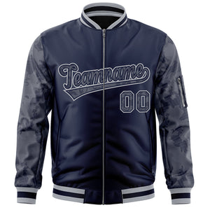 Custom Navy Varsity Full-Zip Camo Raglan Sleeves Letterman Bomber Jacket