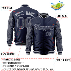 Custom Navy Varsity Full-Zip Camo Raglan Sleeves Letterman Bomber Jacket