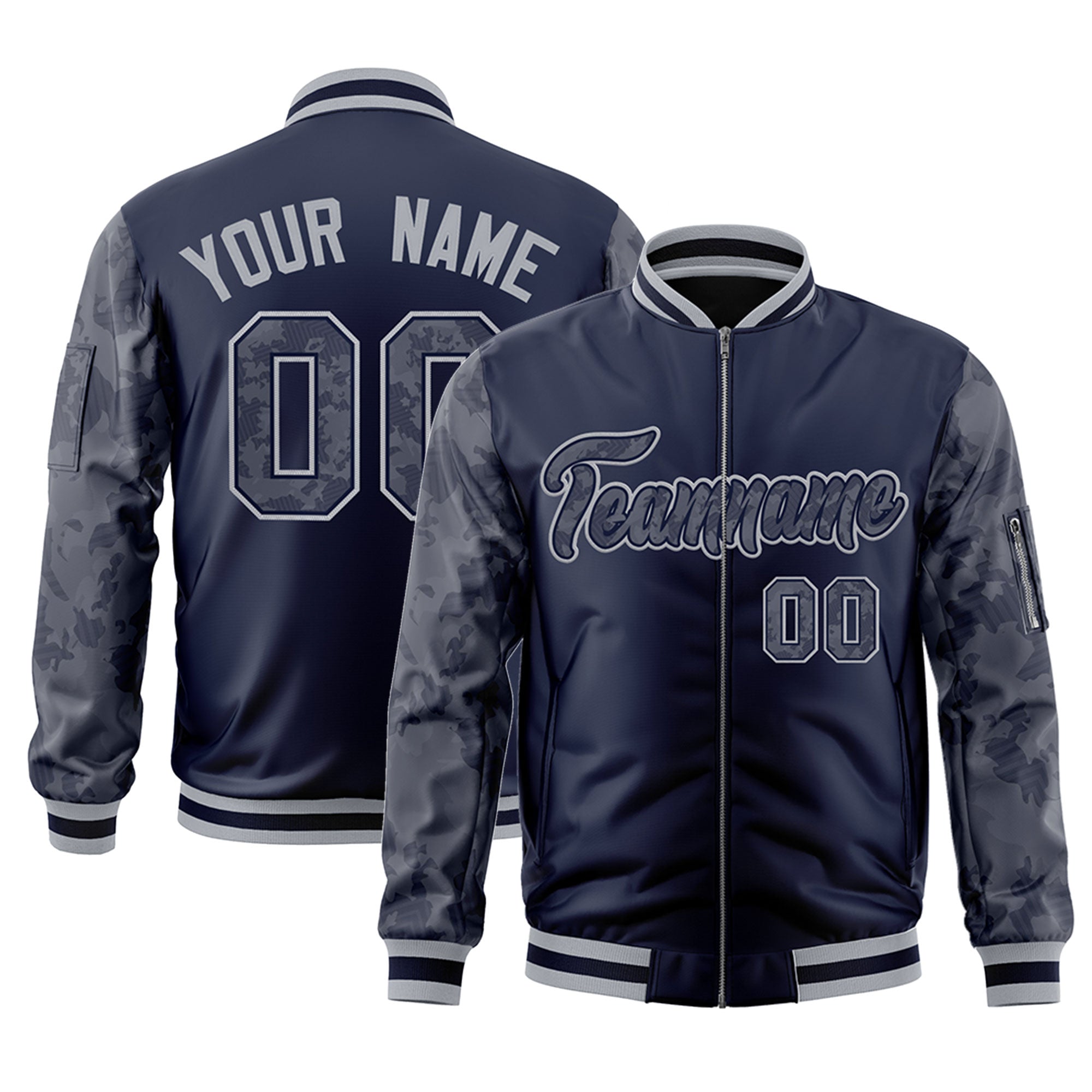 Custom Navy Varsity Full-Zip Camo Raglan Sleeves Letterman Bomber Jacket