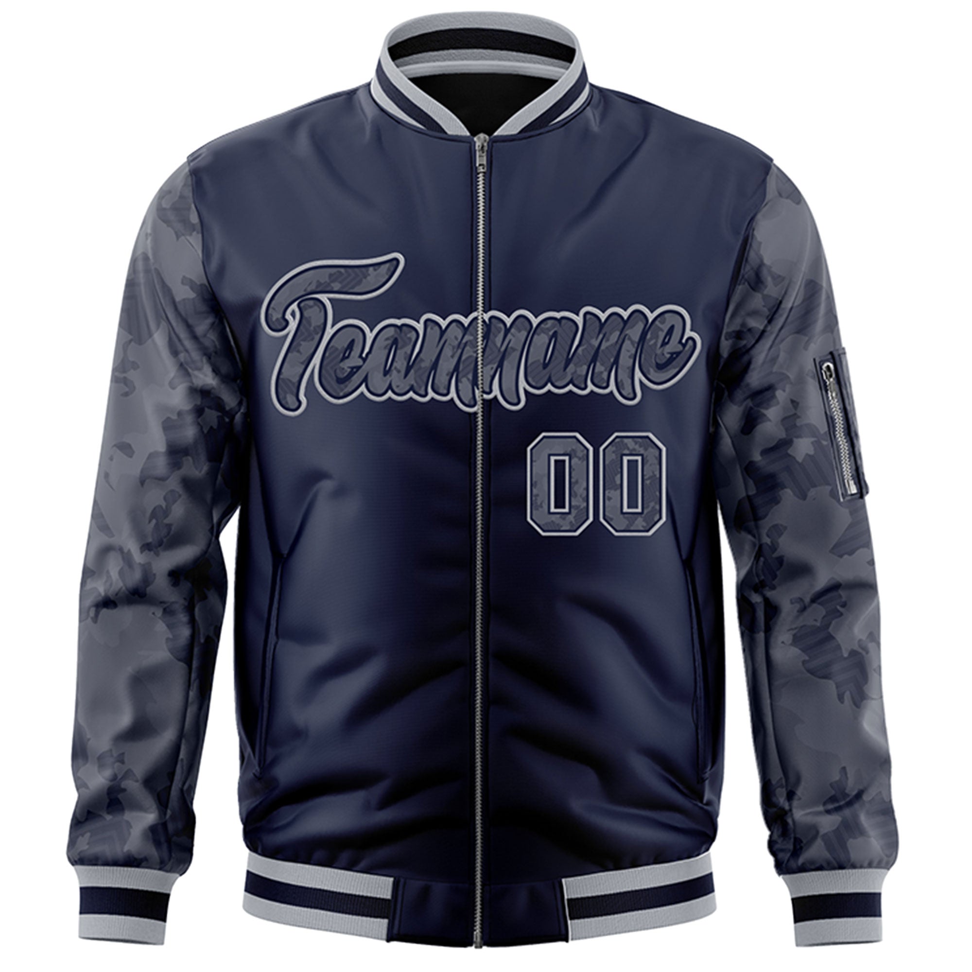 Custom Navy Varsity Full-Zip Camo Raglan Sleeves Letterman Bomber Jacket