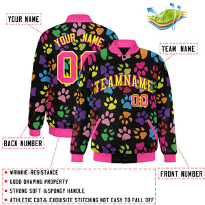 Custom Black Yellow-Pink Varsity Pets Paw Prints Graffiti Pattern Letterman Baseball Jacket