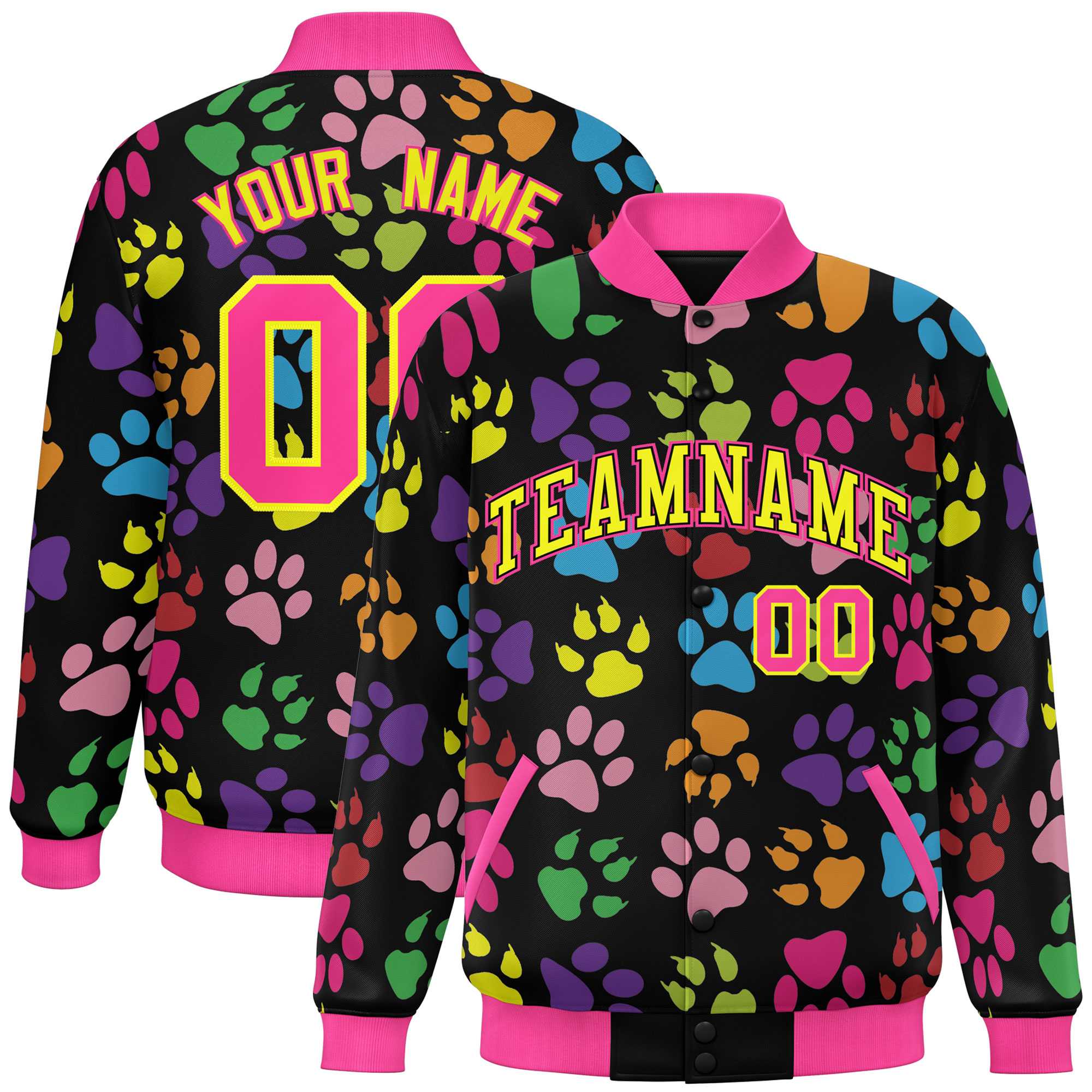 Custom Black Yellow-Pink Varsity Pets Paw Prints Graffiti Pattern Letterman Baseball Jacket