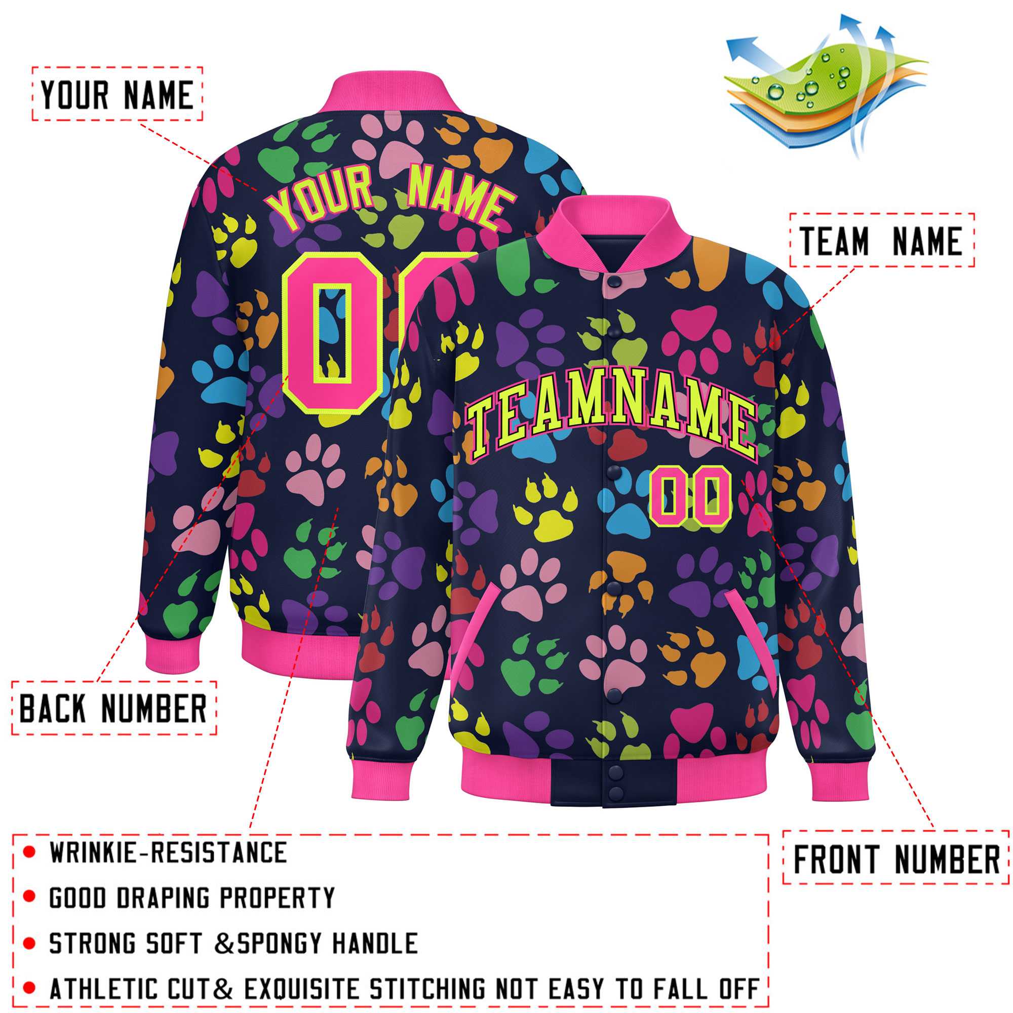 Custom Navy Neon Green-Pink Varsity Pets Paw Prints Graffiti Pattern Letterman Baseball Jacket