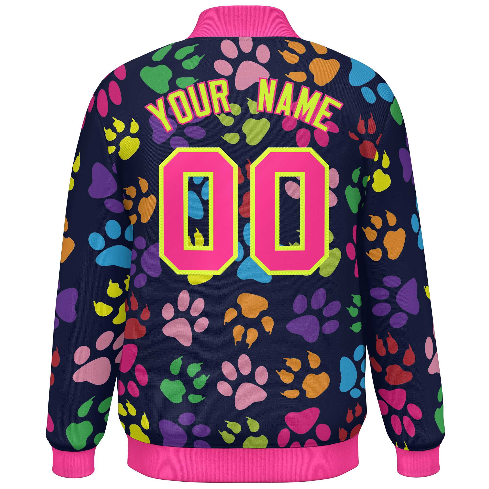 Custom Navy Neon Green-Pink Varsity Pets Paw Prints Graffiti Pattern Letterman Baseball Jacket