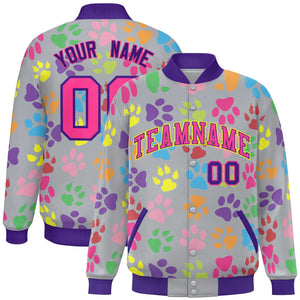 Custom Gray Pink-Purple Varsity Pets Paw Prints Graffiti Pattern Letterman Baseball Jacket