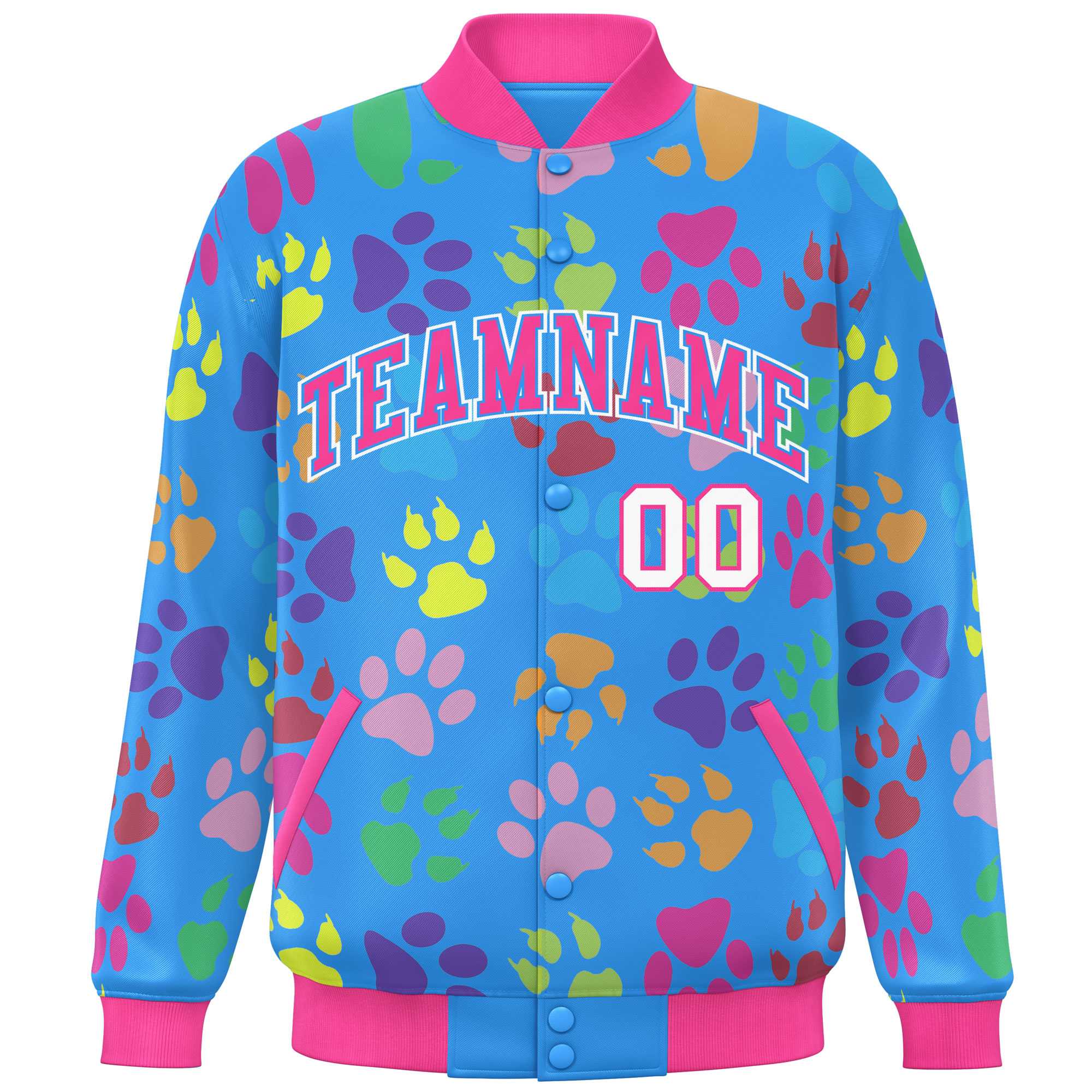 Custom Powder Blue Pink-White Varsity Pets Paw Prints Graffiti Pattern Letterman Baseball Jacket