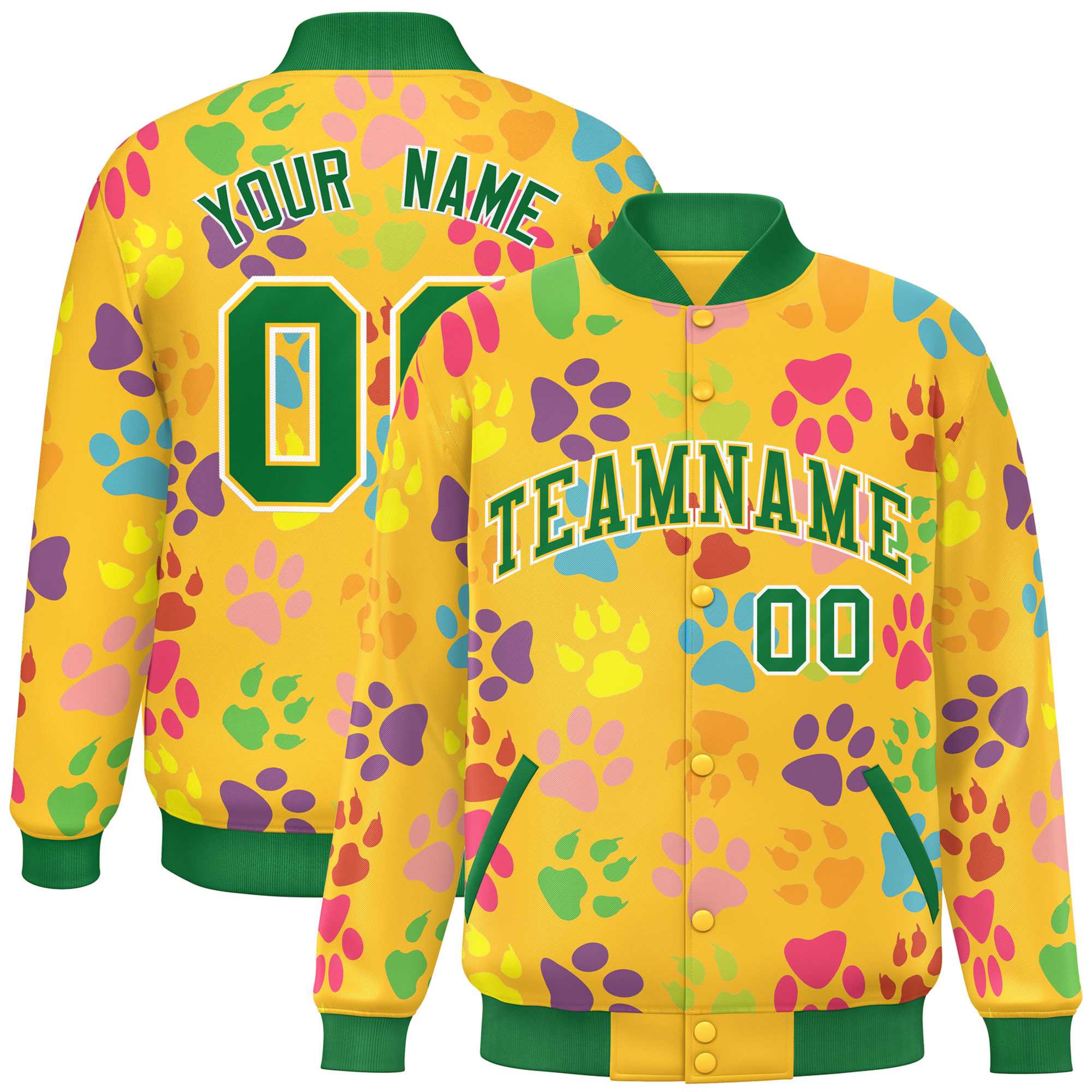 Custom Gold Kelly Green-White Varsity Pets Paw Prints Graffiti Pattern Letterman Baseball Jacket