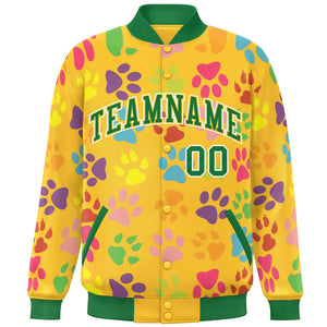 Custom Gold Kelly Green-White Varsity Pets Paw Prints Graffiti Pattern Letterman Baseball Jacket