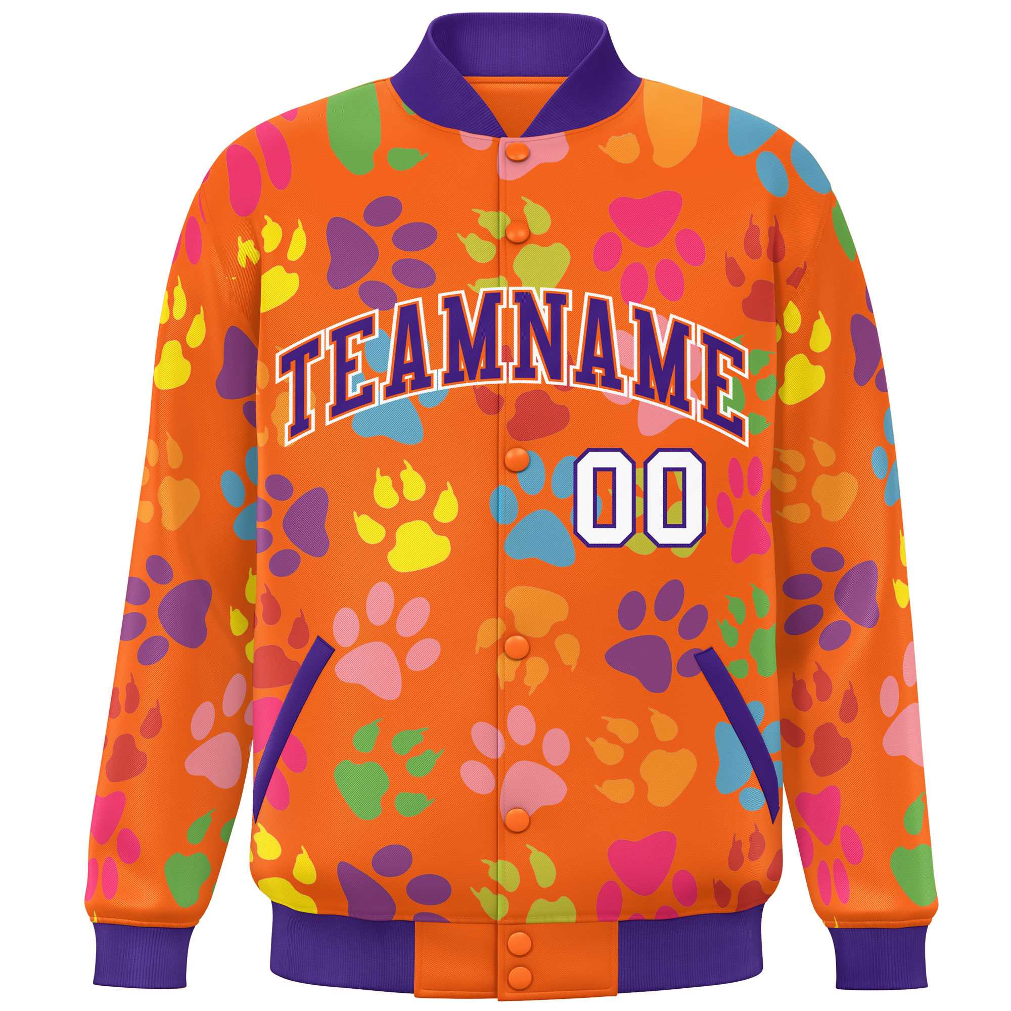 Custom Orange Purple-White Varsity Pets Paw Prints Graffiti Pattern Letterman Baseball Jacket