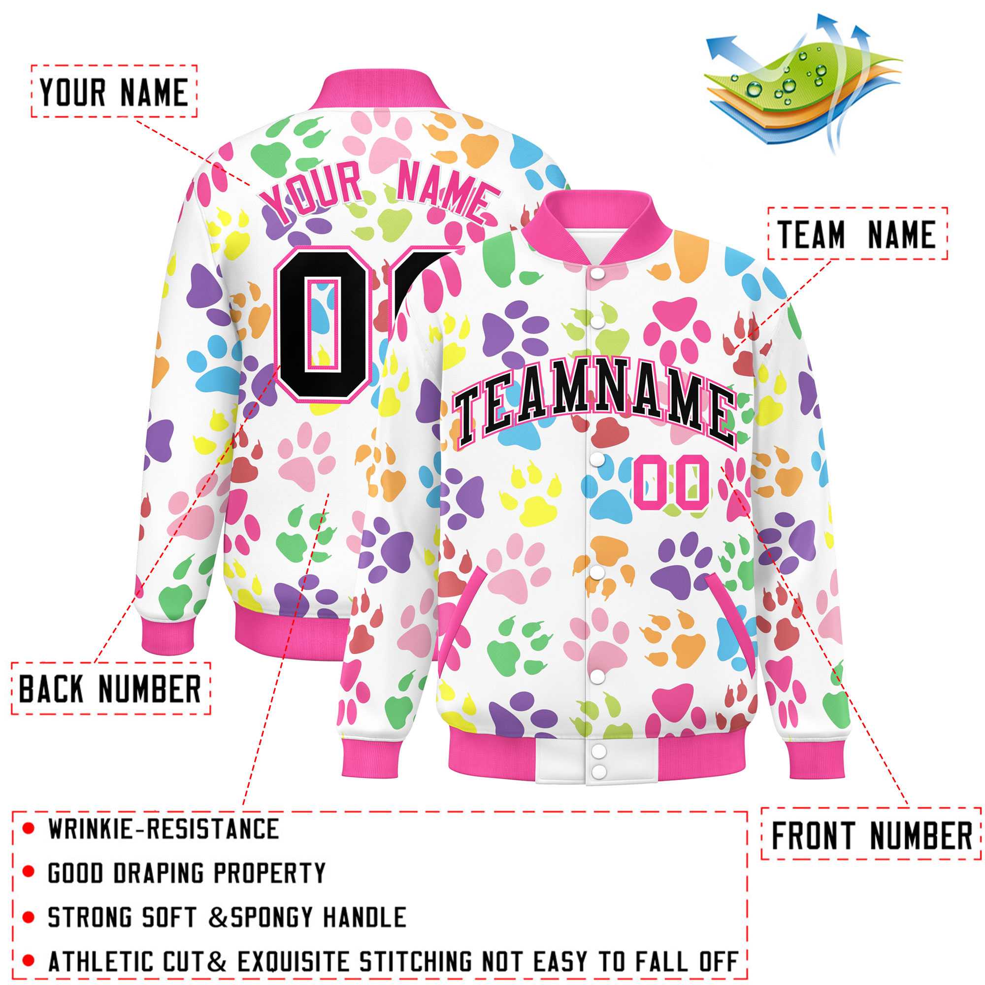 Custom White Black-Pink Varsity Pets Paw Prints Graffiti Pattern Letterman Baseball Jacket