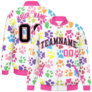 Custom White Black-Pink Varsity Pets Paw Prints Graffiti Pattern Letterman Baseball Jacket