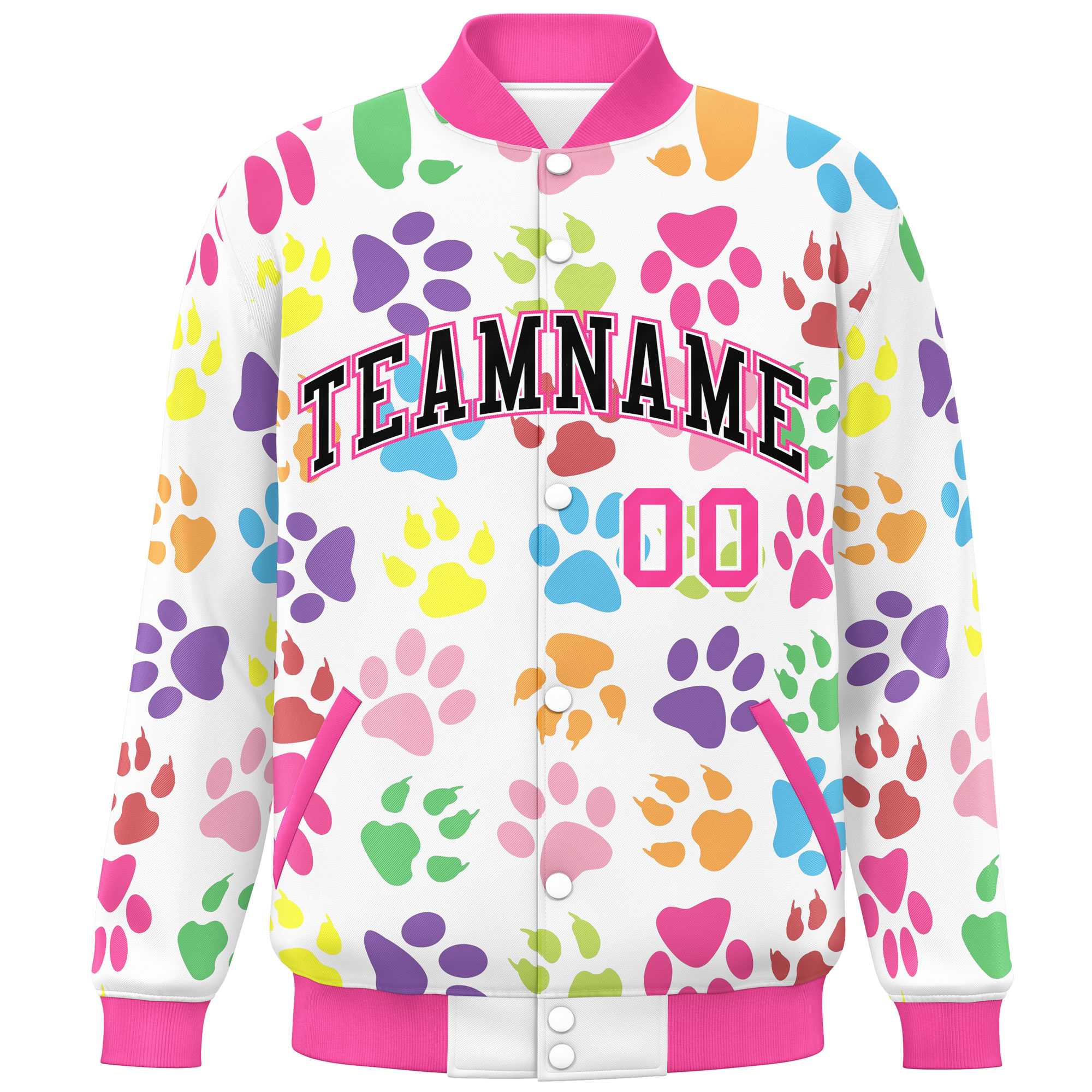 Custom White Black-Pink Varsity Pets Paw Prints Graffiti Pattern Letterman Baseball Jacket