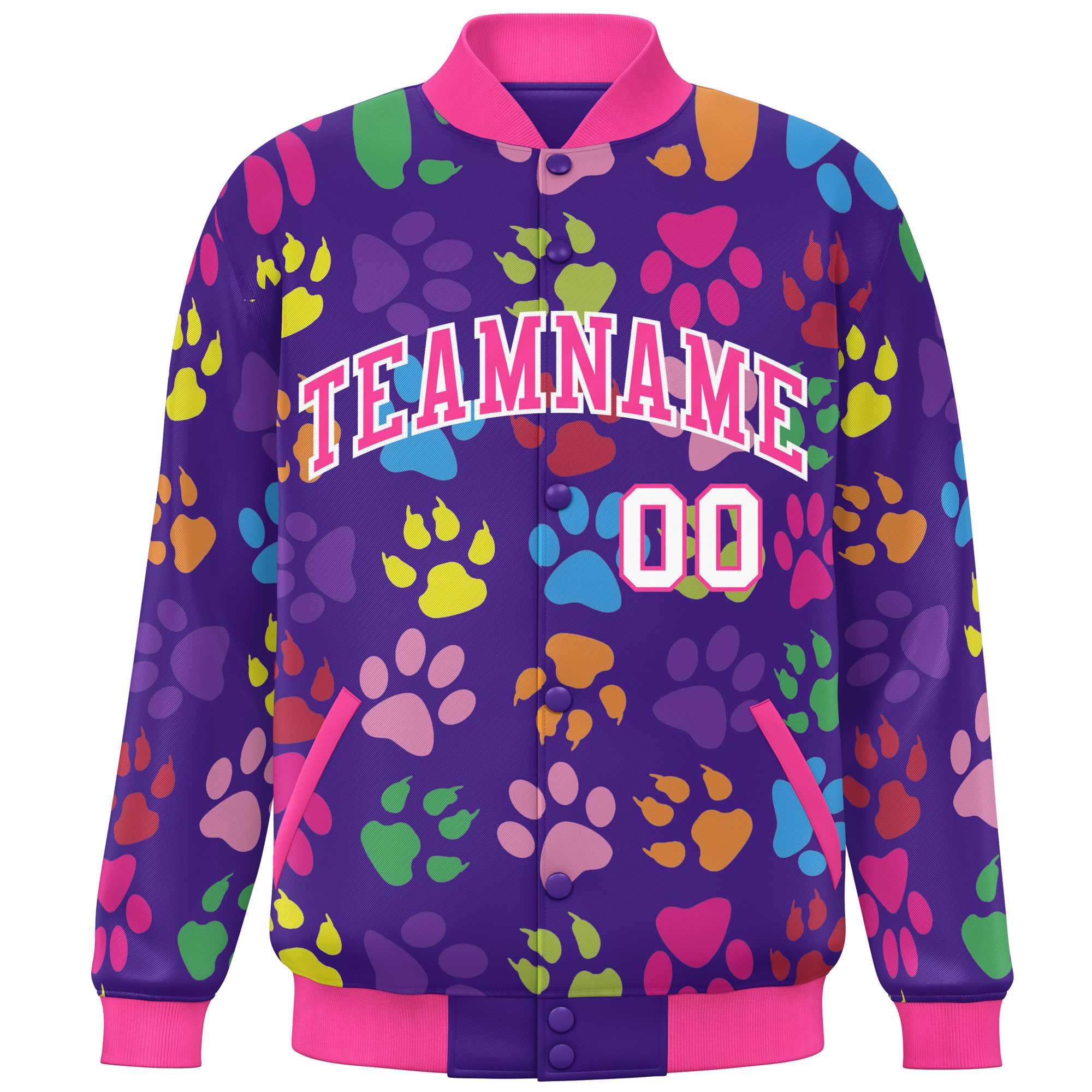 Custom Purple Pink-White Varsity Pets Paw Prints Graffiti Pattern Letterman Baseball Jacket