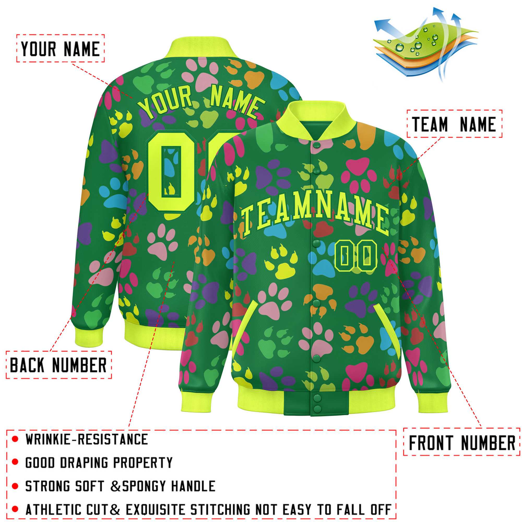 Custom Kelly Green Neon Green Varsity Pets Paw Prints Graffiti Pattern Letterman Baseball Jacket