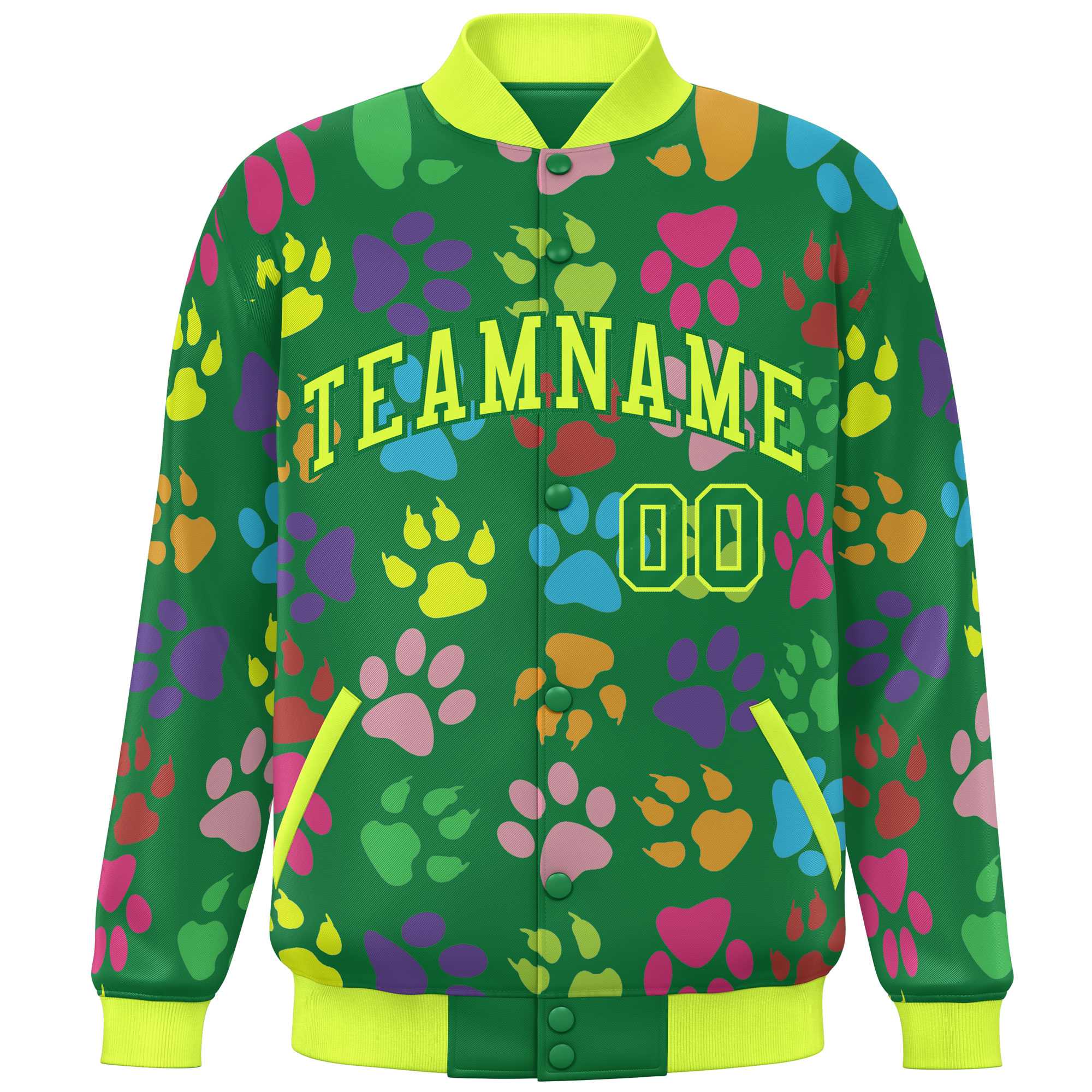 Custom Kelly Green Neon Green Varsity Pets Paw Prints Graffiti Pattern Letterman Baseball Jacket