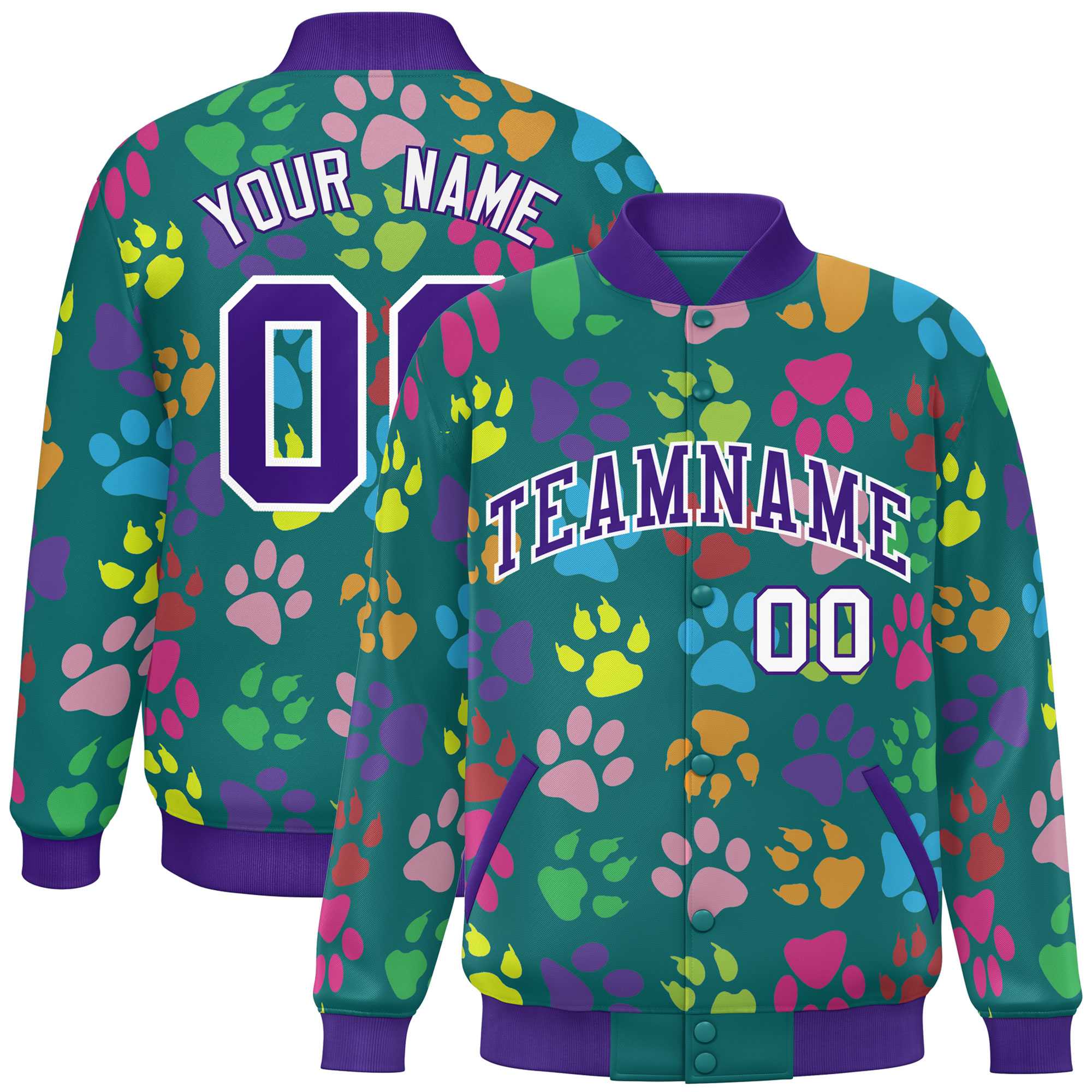 Custom Aqua Purple-White Varsity Pets Paw Prints Graffiti Pattern Letterman Baseball Jacket