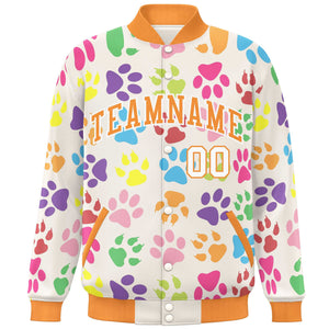 Custom Cream Orange-White Varsity Pets Paw Prints Graffiti Pattern Letterman Baseball Jacket