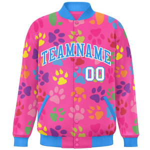 Custom Pink Powder Blue-White Varsity Pets Paw Prints Graffiti Pattern Letterman Baseball Jacket