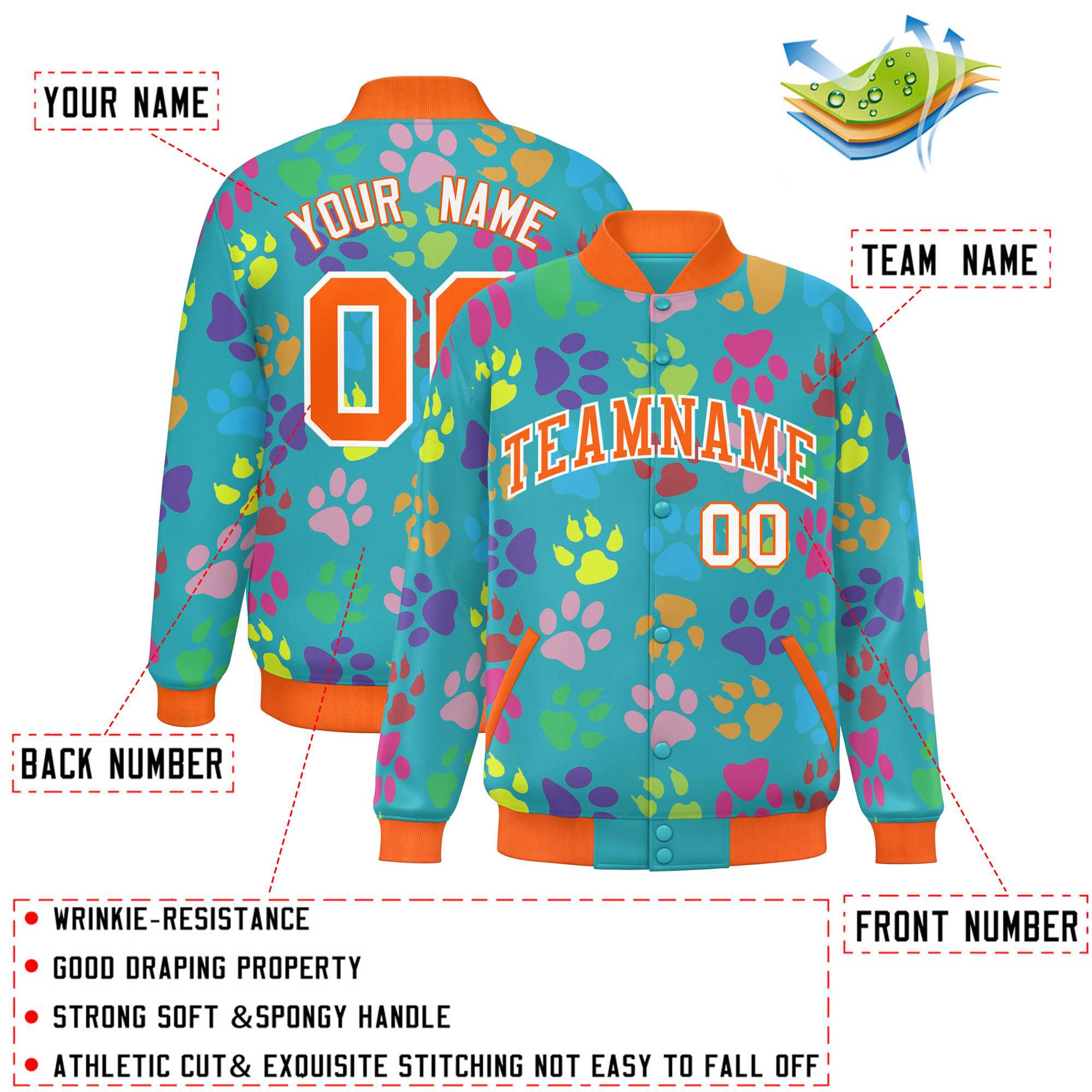 Custom Aqua Orange-White Varsity Pets Paw Prints Graffiti Pattern Letterman Baseball Jacket