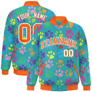 Custom Aqua Orange-White Varsity Pets Paw Prints Graffiti Pattern Letterman Baseball Jacket