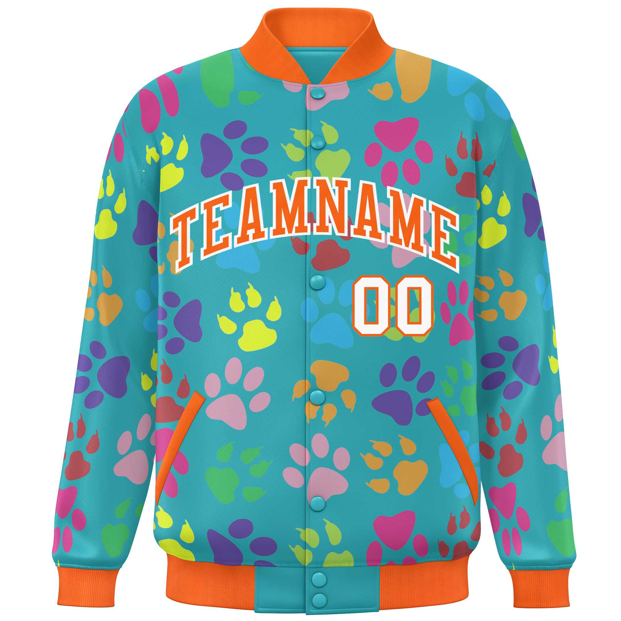 Custom Aqua Orange-White Varsity Pets Paw Prints Graffiti Pattern Letterman Baseball Jacket