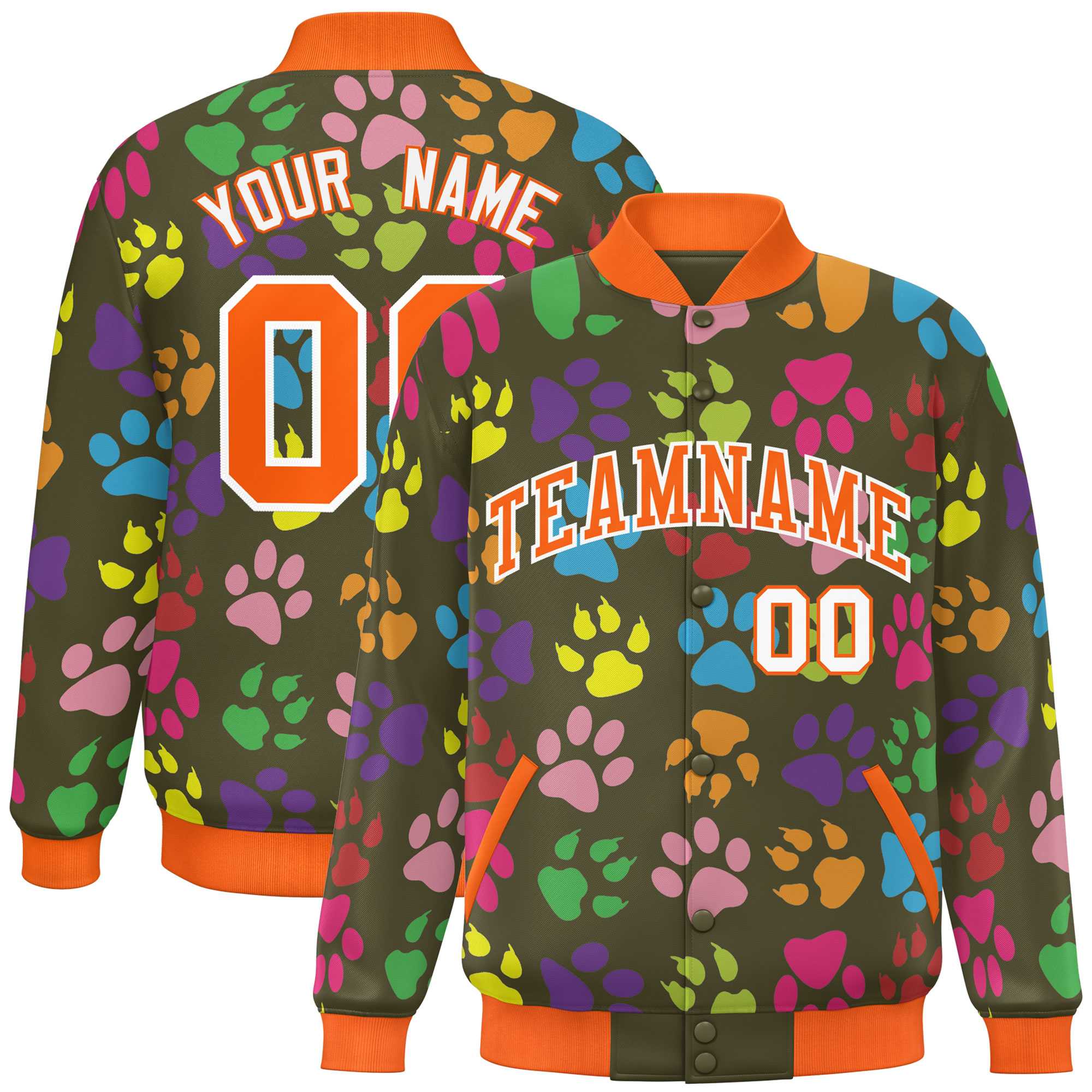 Custom Olive Orange-White Varsity Pets Paw Prints Graffiti Pattern Letterman Baseball Jacket