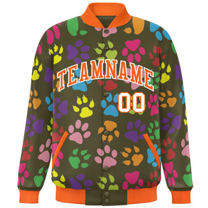 Custom Olive Orange-White Varsity Pets Paw Prints Graffiti Pattern Letterman Baseball Jacket