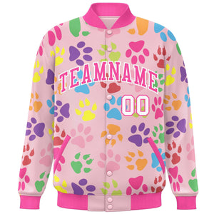 Custom Pink White Varsity Pets Paw Prints Graffiti Pattern Letterman Baseball Jacket