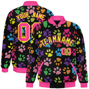 Custom Black Yellow-Pink Varsity Pets Paw Prints Graffiti Pattern Letterman Baseball Jacket