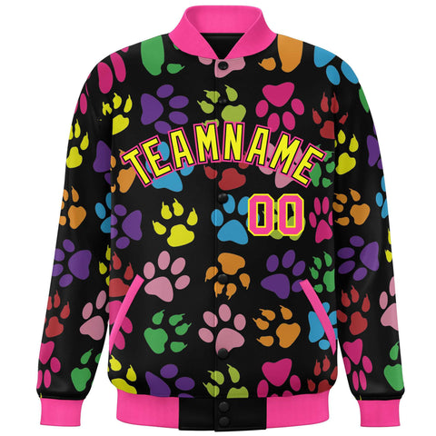 Custom Black Yellow-Pink Varsity Pets Paw Prints Graffiti Pattern Letterman Baseball Jacket
