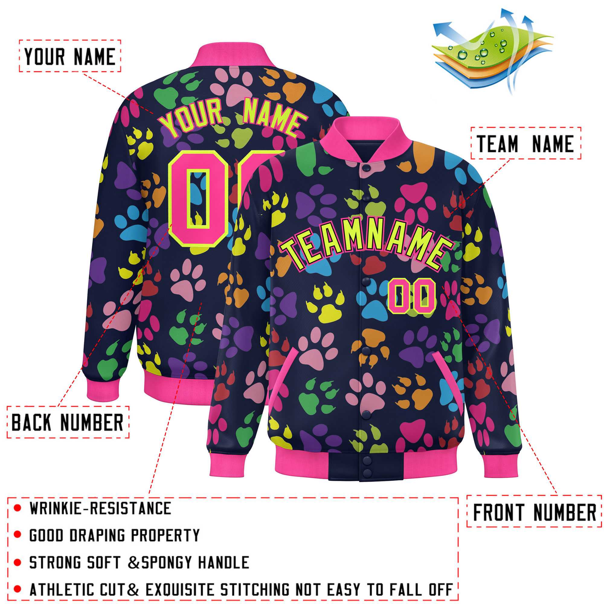 Custom Navy Neon Green-Pink Varsity Pets Paw Prints Graffiti Pattern Letterman Baseball Jacket