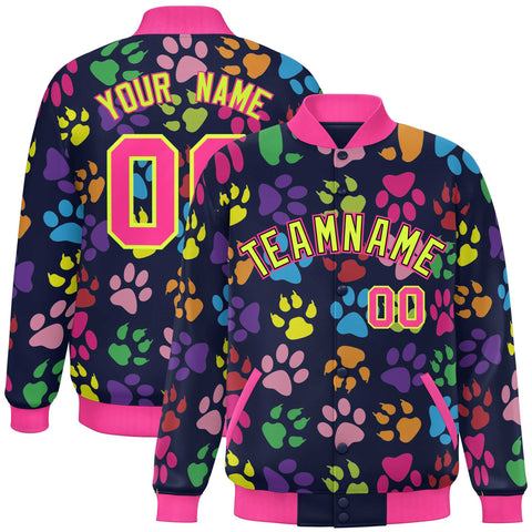 Custom Navy Neon Green-Pink Varsity Pets Paw Prints Graffiti Pattern Letterman Baseball Jacket